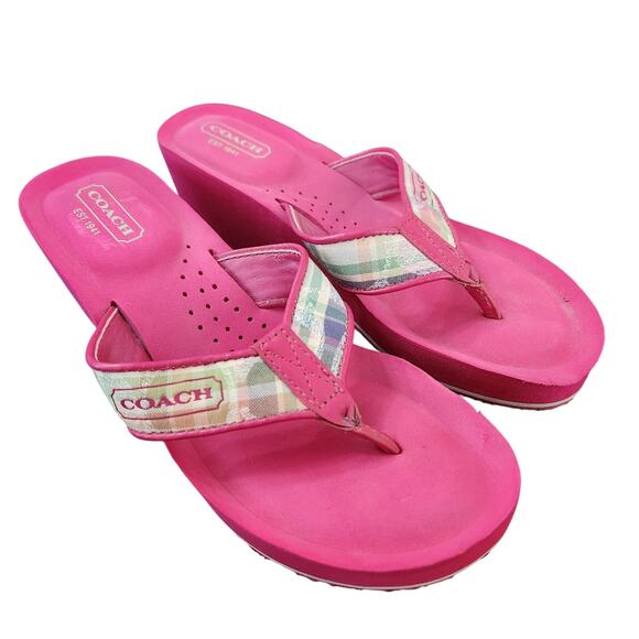 Coach Jaicee Poppy Beach Plaid Pink Wedge Flip Flop Sandals Size 6 - Picture 1 of 6